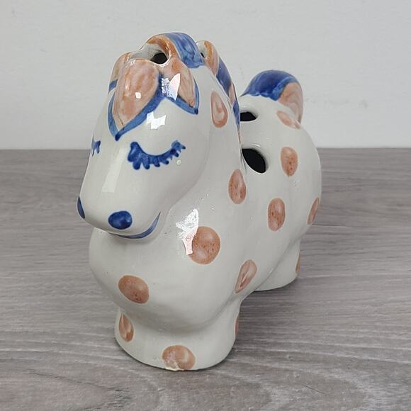 M A Hadley Pottery Horse Flower Frog Holder Blue Brown Stripes Spotted - Picture 1 of 7